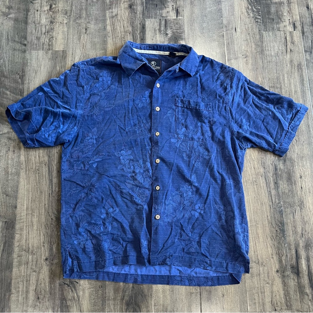 Jamaica Jaxx Deep Blue Textured Floral Palm Design Camp silk Shirt, Men’s